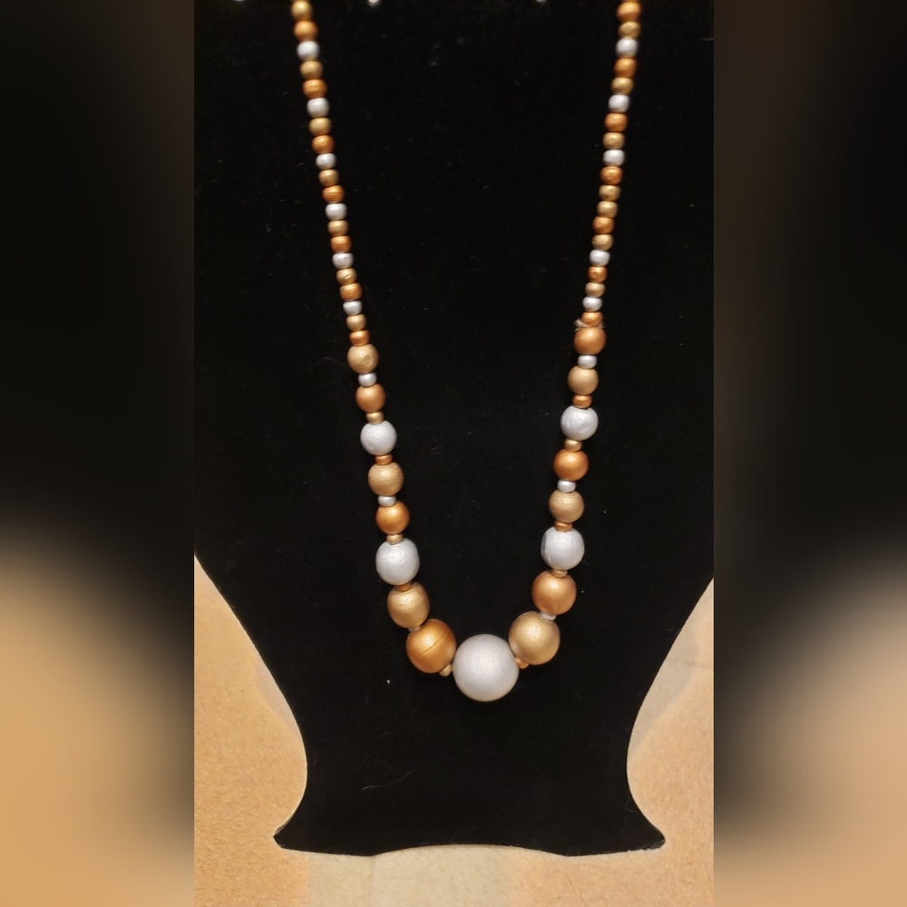 Vintage Wood Bead Necklace In Mixed Metallic Colors Pullover Style, Artsy & Boho